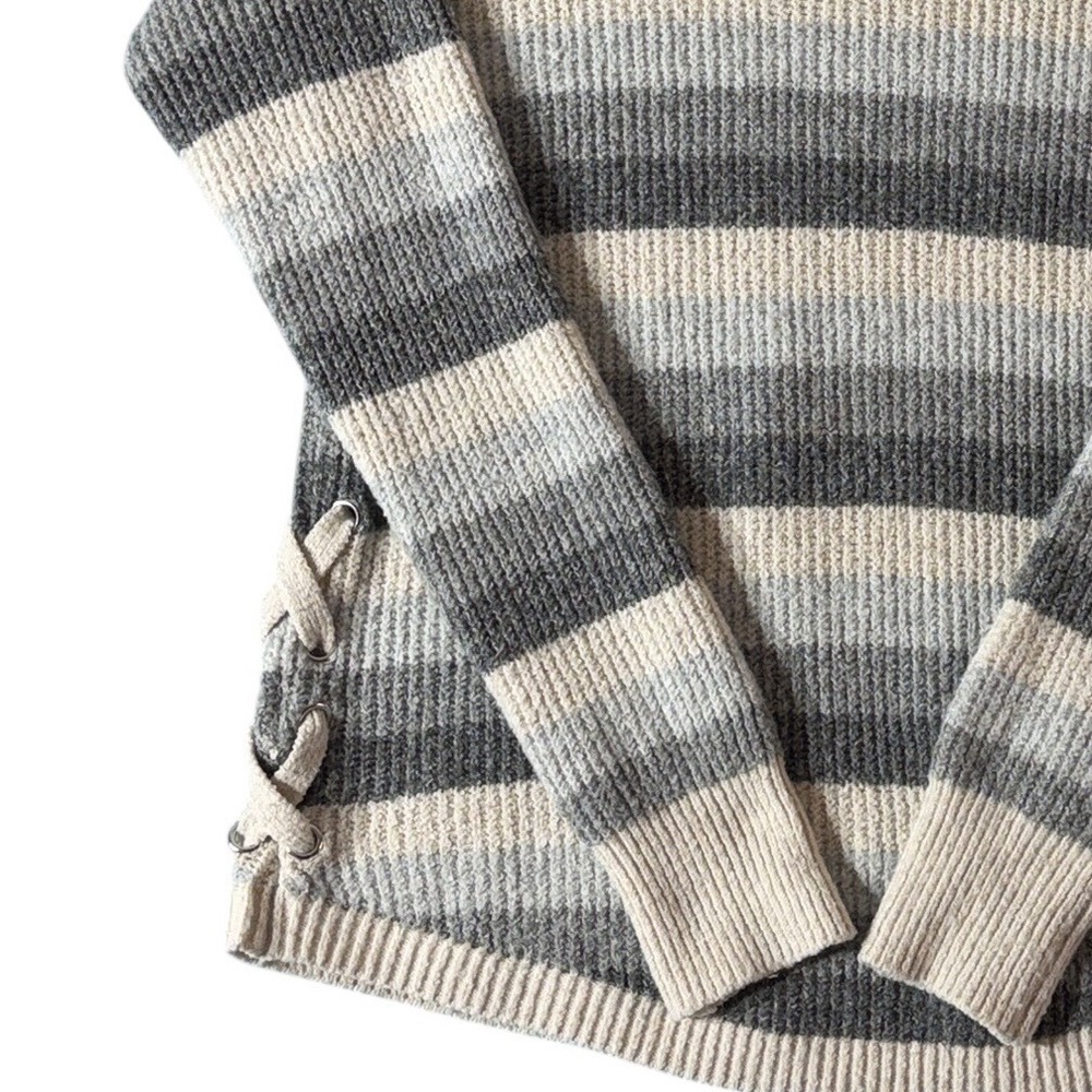 Pink Republic XS Striped Lace Up Side Sweater Oversized Chunky Knit Gray Cream - Picture 2 of 9